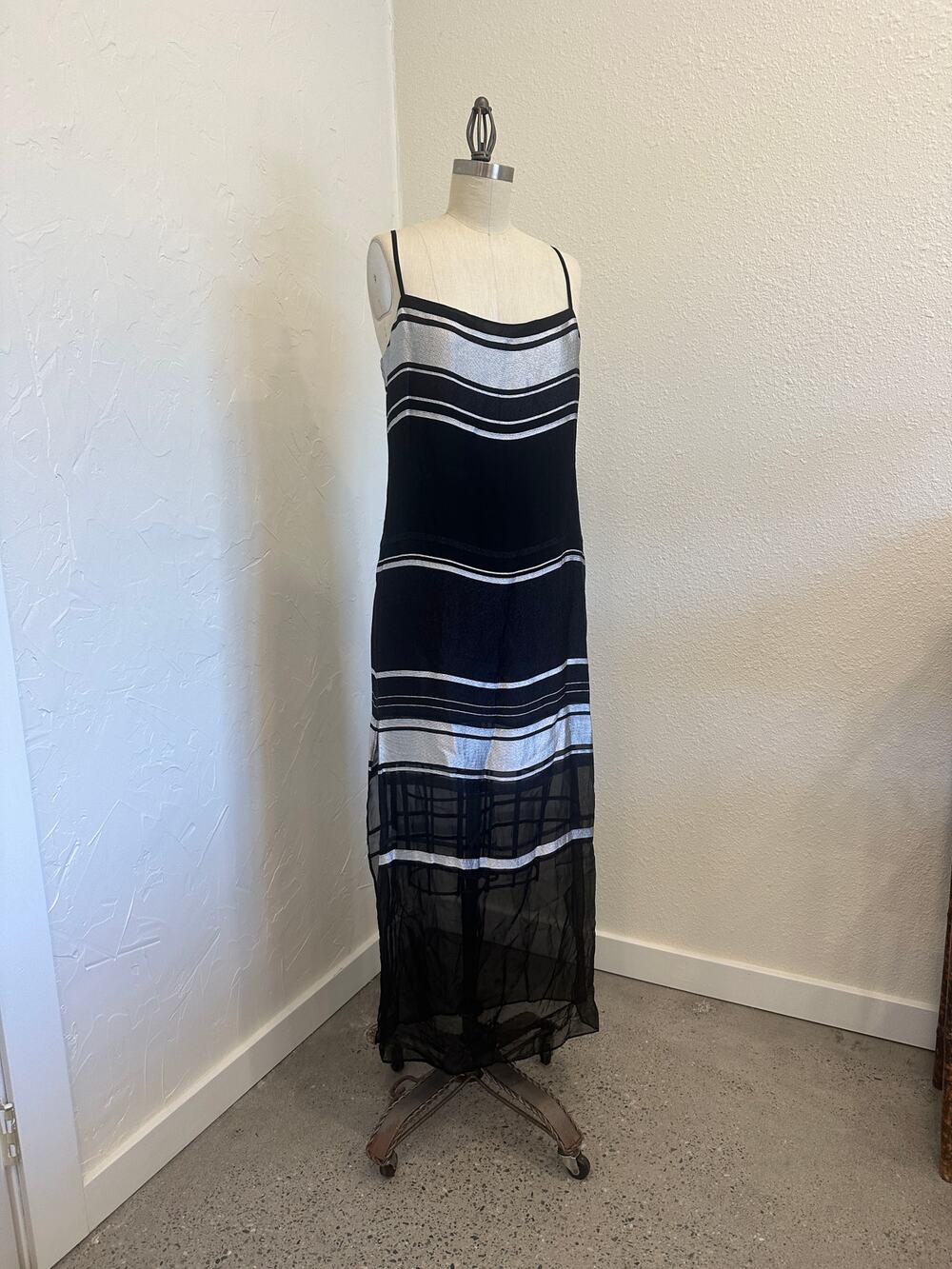 Anne Klein Women’s M Black Silver Silk Striped Slip Maxi Dress Vintage Rare